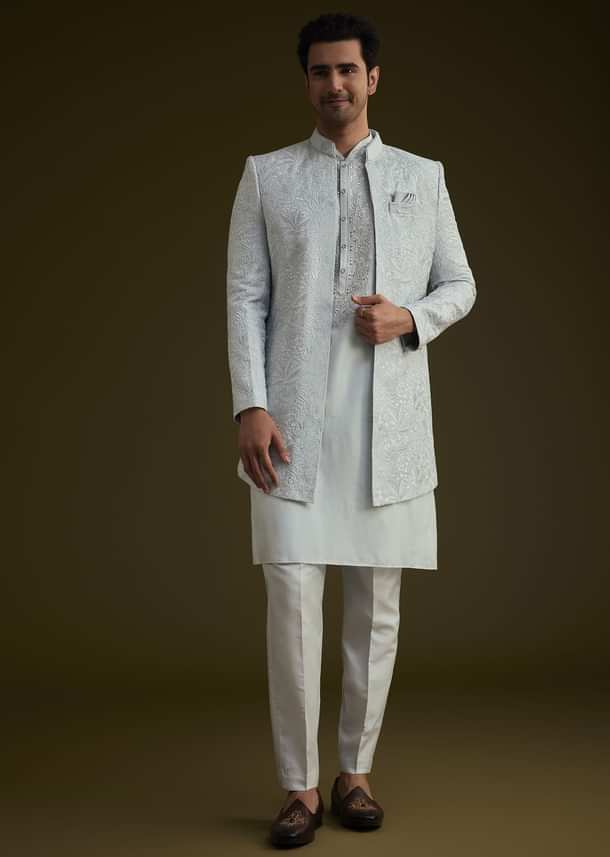 Ice Blue Silk Sherwani Set With Floral Resham And Mirror Work Ice Blue Silk Sherwani Set With Floral Resham And Mirror Work
