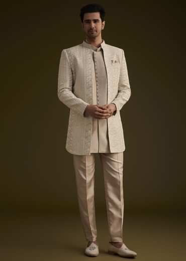 Brown Silk Open Style Sherwani Set With Resham Thread Work