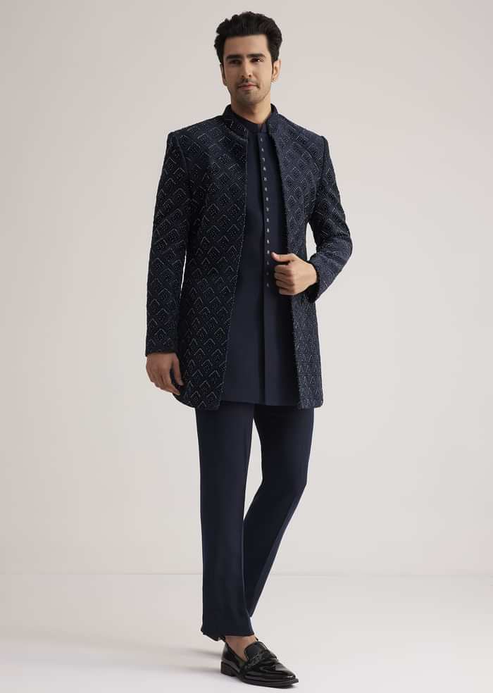 Prussian Blue Sherwani Set With Stone Work Detailing