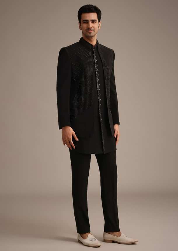 Black Hand Embroidered Indowestern And Kurta Set Black Hand Embroidered Indowestern And Kurta Set