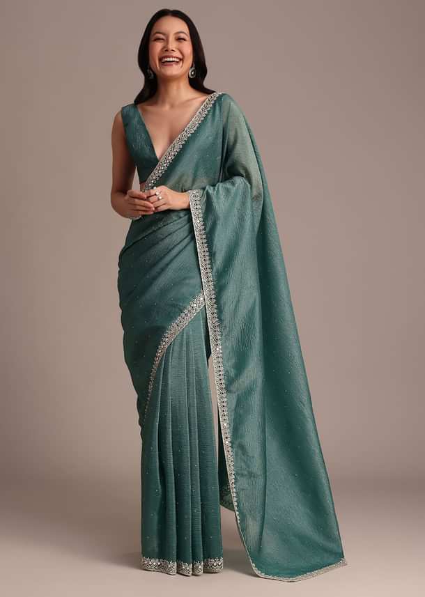 Rama Green Crushed Tissue Saree With Mirror and Cutdana Embellished Border Rama Green Crushed Tissue Saree With Mirror and Cutdana Embellished Border