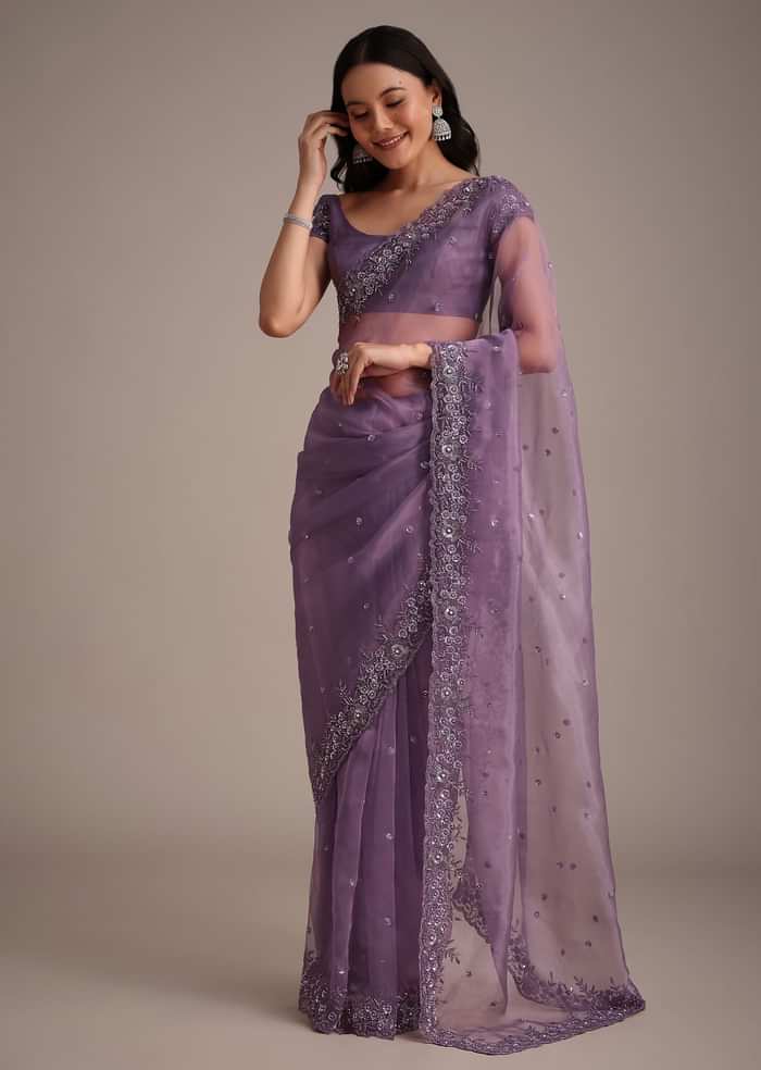 Purple Soft Organza Saree With Cutdana Sequins Embroidery