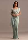 Blue Ready Pleated Saree With Embroidered Blouse