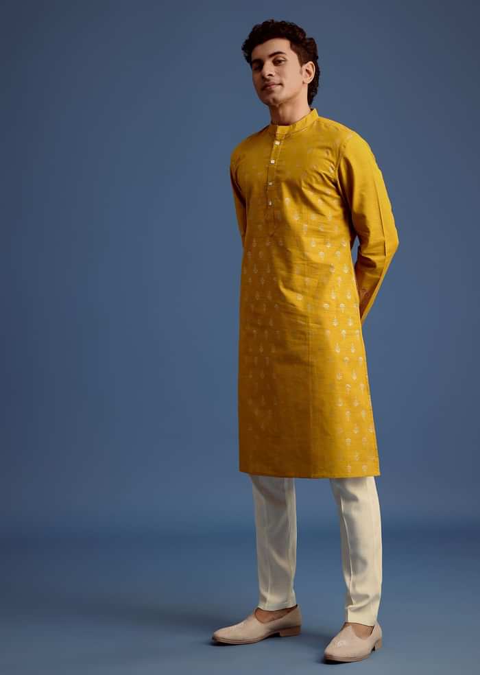 Yellow Hand Block Printed Kurta Set With Foil Work