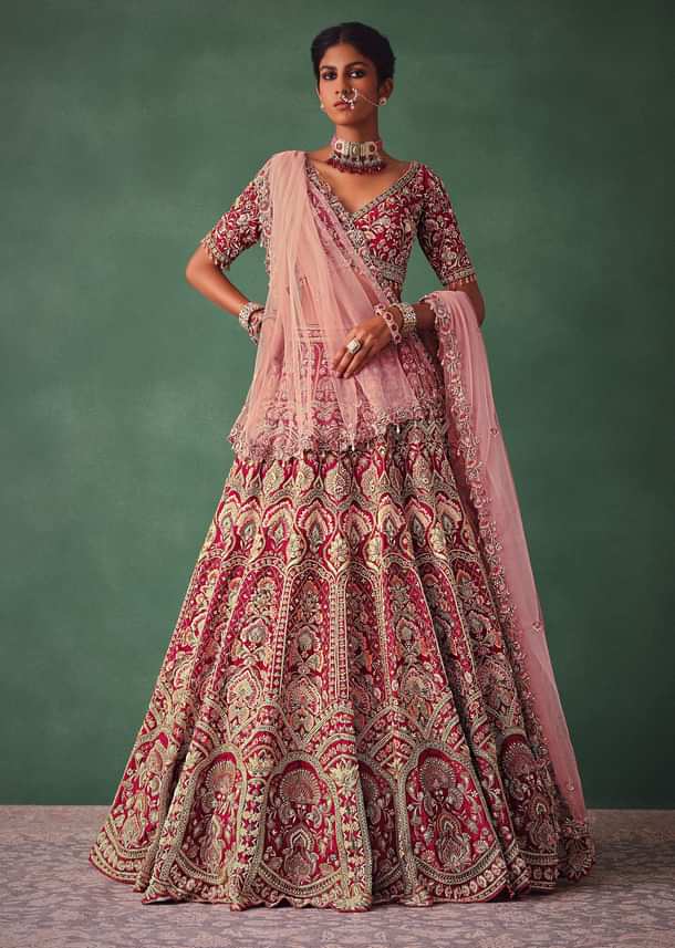 Raw Silk Red Bridal Embroidered Lehenga Set