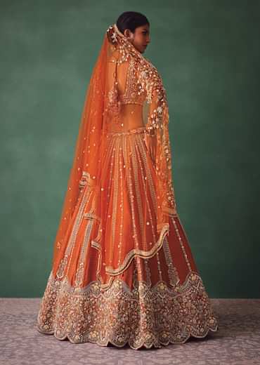 Rust Raw Silk Bridal Lehenga With Buti Work Dupatta