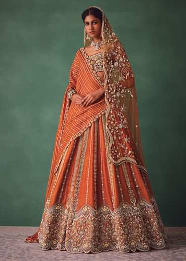 Rust Raw Silk Bridal Lehenga With Buti Work Dupatta