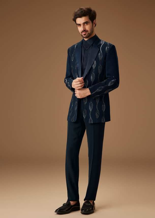 Blue Linen Tuxedo With Hand Embroidery