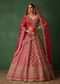 Cherry Red Raw Silk Hand Embroidered Lehenga Set With Net Dupatta