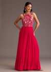 Red Embroidered Jumpsuit With Belt