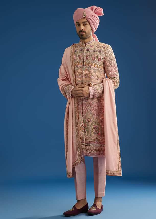 Baby Pink Tussar Sherwani With Cutdana And Tikki Stone Work