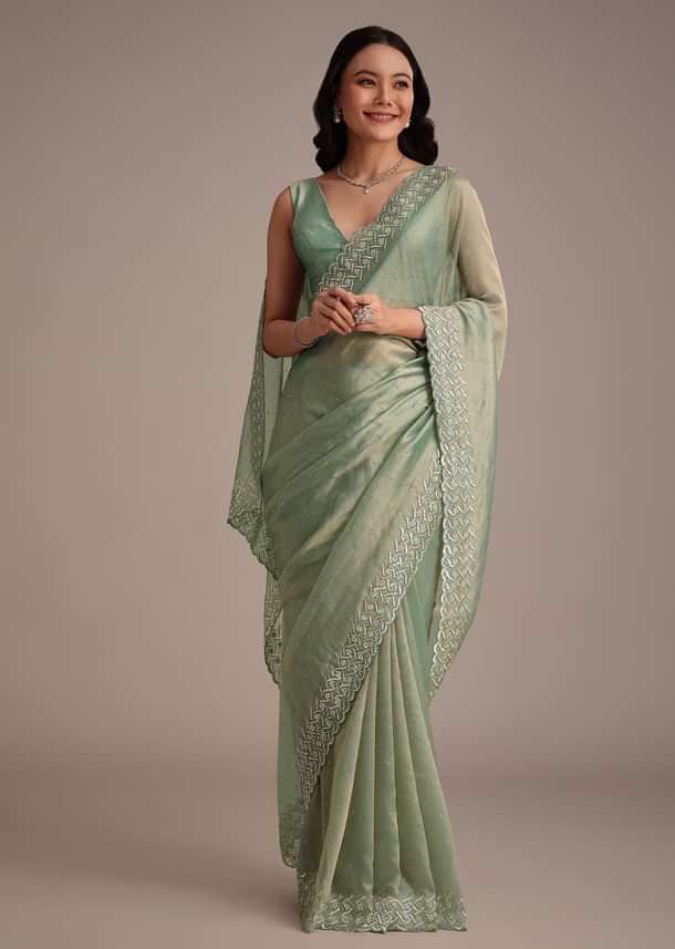 Sea Green Tissue Saree With Cutdana And Stone Embroidery Sea Green Tissue Saree With Cutdana And Stone Embroidery