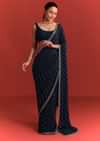 Navy Blue Cutdana Work Chinnon Saree