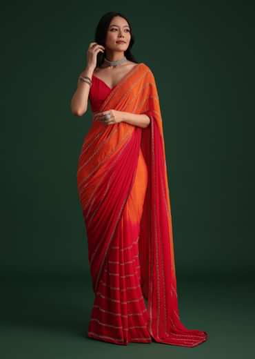 Red Orange Dual Tone Chinon Heavy Embroidered Saree