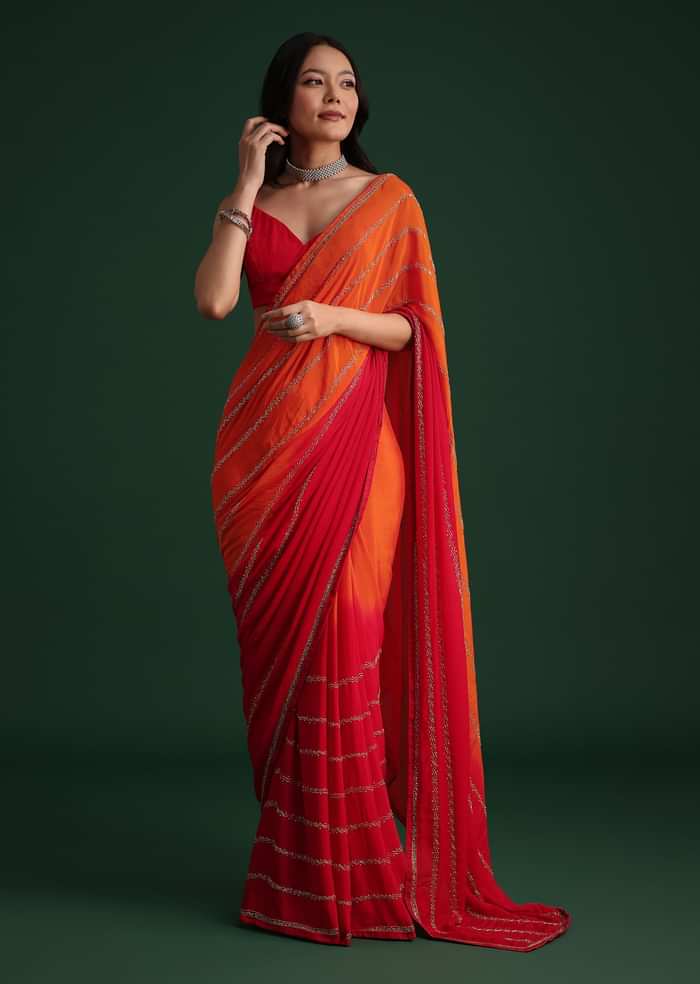 Red Orange Dual Tone Chinon Heavy Embroidered Saree