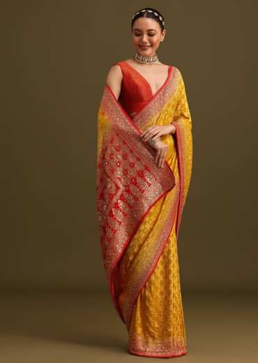 Yellow Khaddi Georgette Bandhani Weave Cutdana Saree