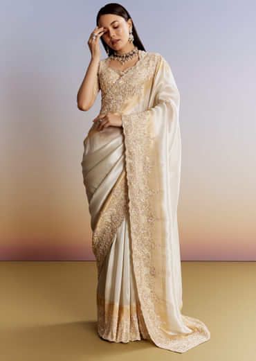 Ivory And Golden Kora Silk Saree With Heavy Zardosi Work