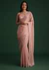 Peach Satin Heavy Embroidered Saree With Stones And Diamonds All Over