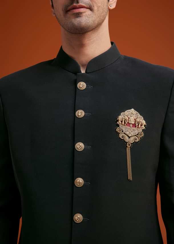 Black Indo Western With Brass Brooch Detailing Black Indo Western With Brass Brooch Detailing