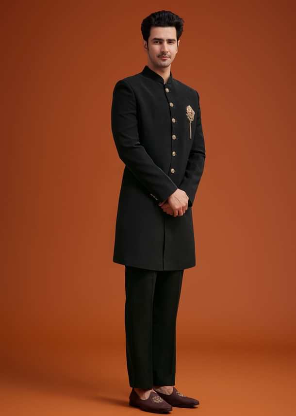 Black Indo Western With Brass Brooch Detailing Black Indo Western With Brass Brooch Detailing