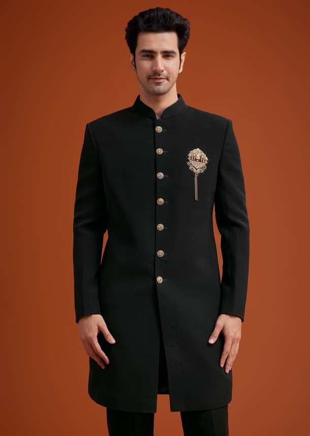 Black Indo Western With Brass Brooch Detailing Black Indo Western With Brass Brooch Detailing