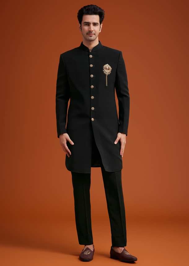 Black Indo Western With Brass Brooch Detailing Black Indo Western With Brass Brooch Detailing