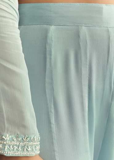 Sky Blue Chinon Kurta Dupatta Set With Moti And Cutdana Work