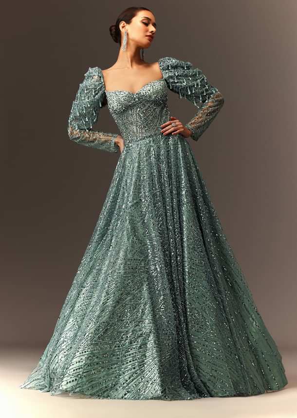 Blusih Grey Sequins Gown With Corset Blouse And Symmetrical Sleeves