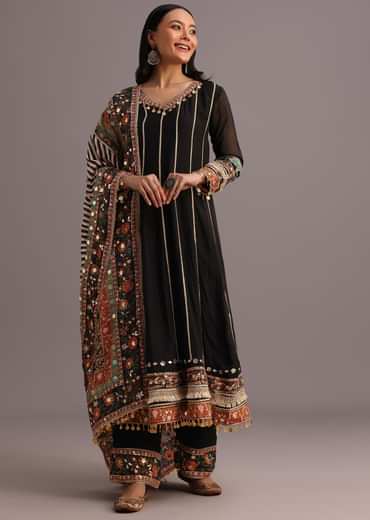 Black Gotta Work Anarkali Suit With Printed Dupatta