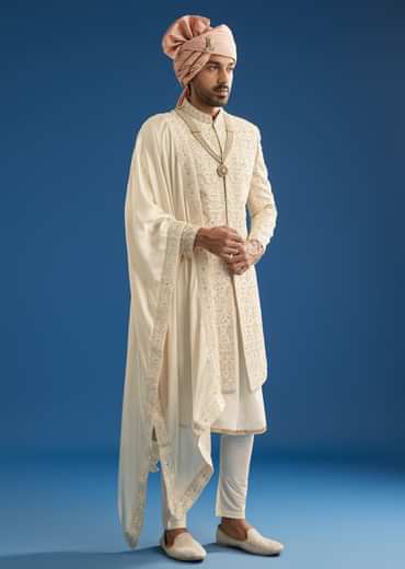 Peach Silk Groom Sherwani Set With Thread And Zardosi Work