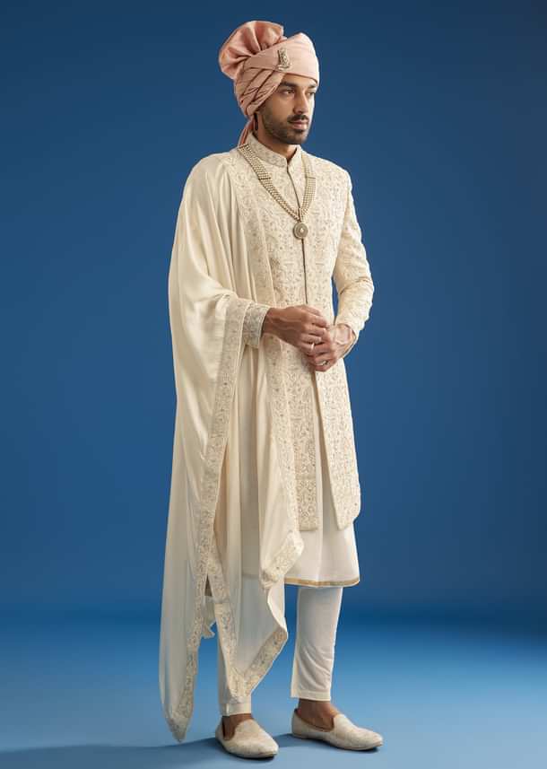 Peach Silk Groom Sherwani Set With Thread And Zardosi Work