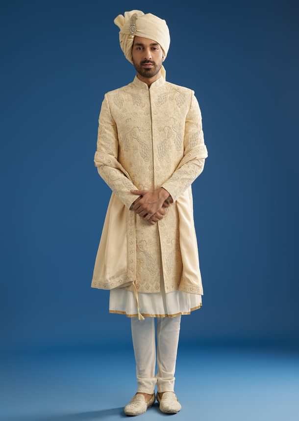 Ivory Silk Groom Sherwani Set With Dori And Zardosi Embroidery