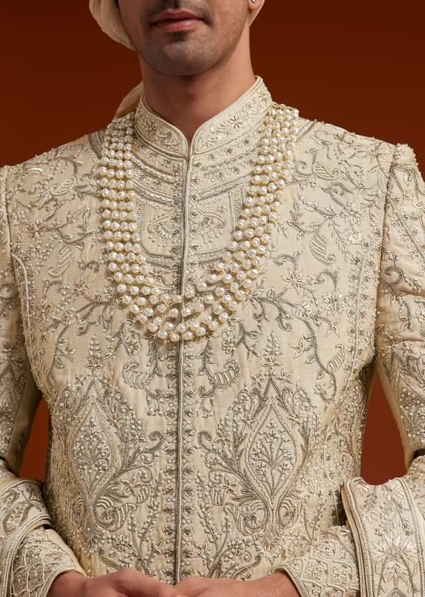 Faun Sherwani Set With Zardosi And Butti Work