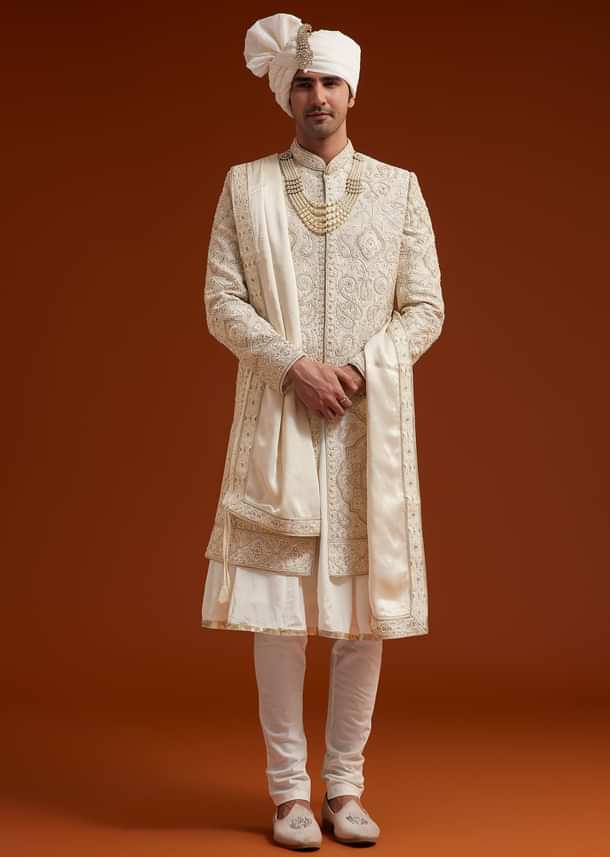 Ivory Sherwani Set With Zardosi And Butti Work