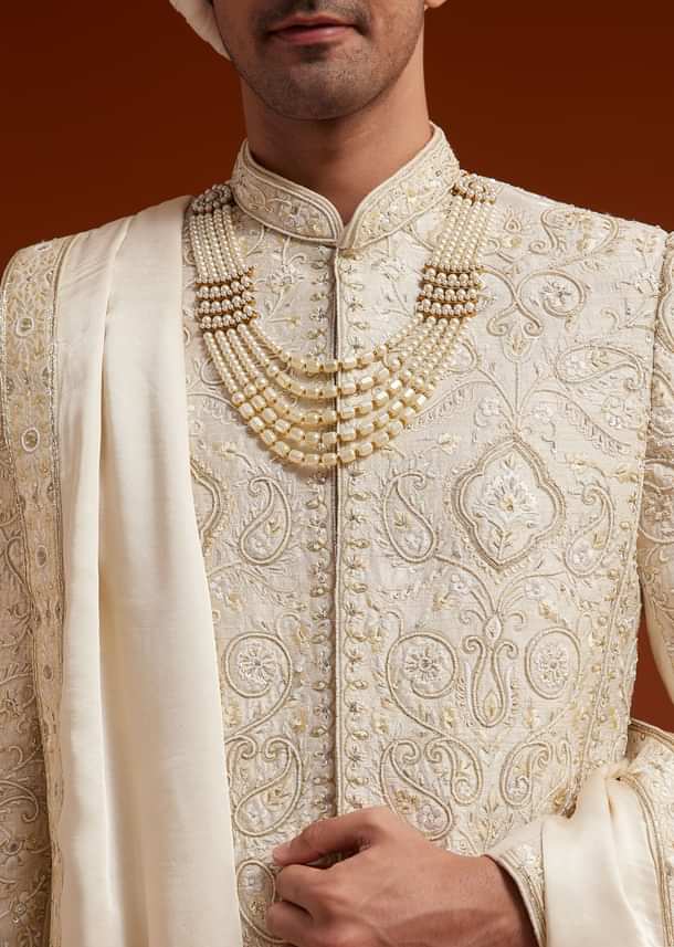 Ivory Sherwani Set With Zardosi And Butti Work