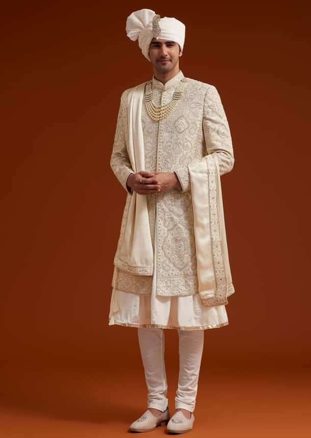 Ivory Sherwani Set With Zardosi And Butti Work