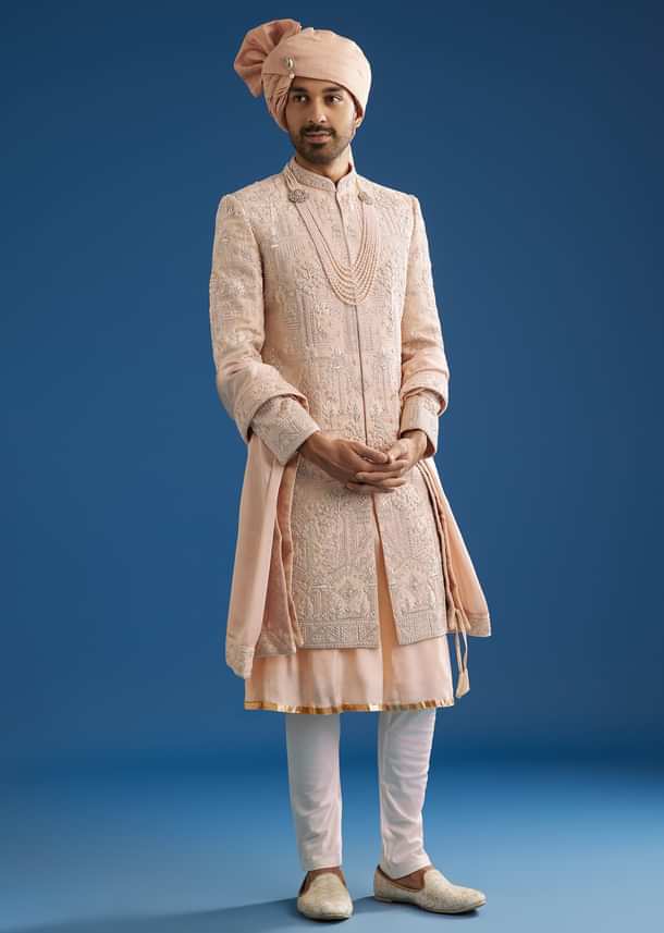 Peach Silk Groom Sherwani Set With Zardosi Embroidery