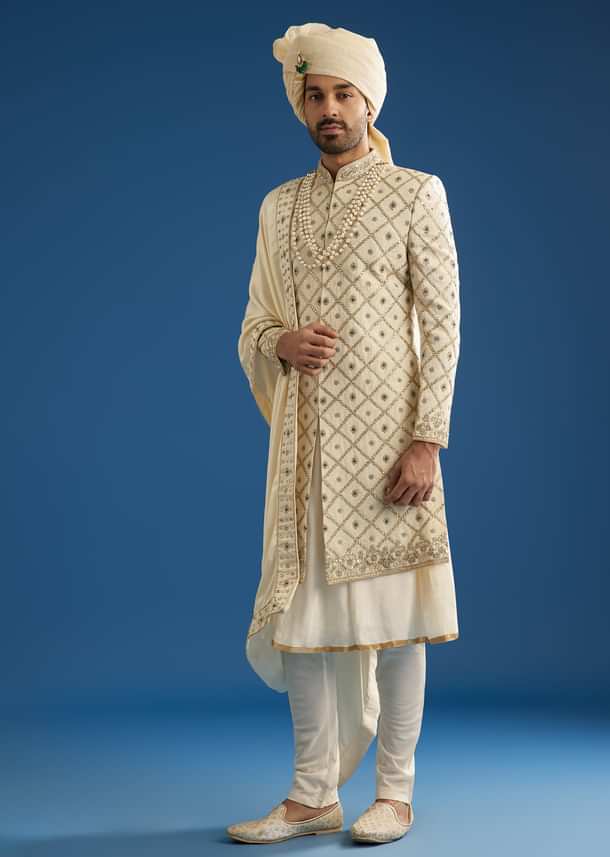 Faun Silk Groom Sherwani Set With Gota And Zardosi Work