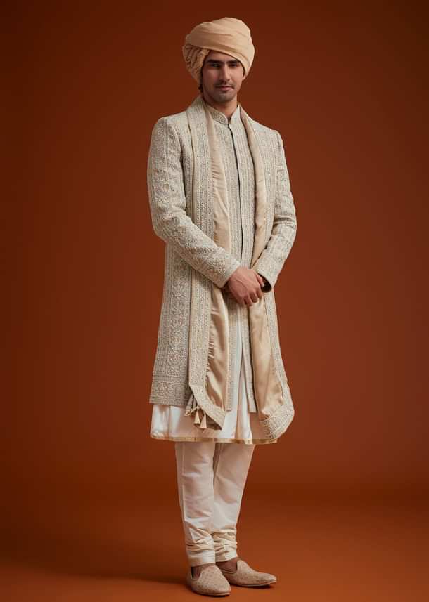 Faun Sherwani Set With Dori And Thread Embroidery