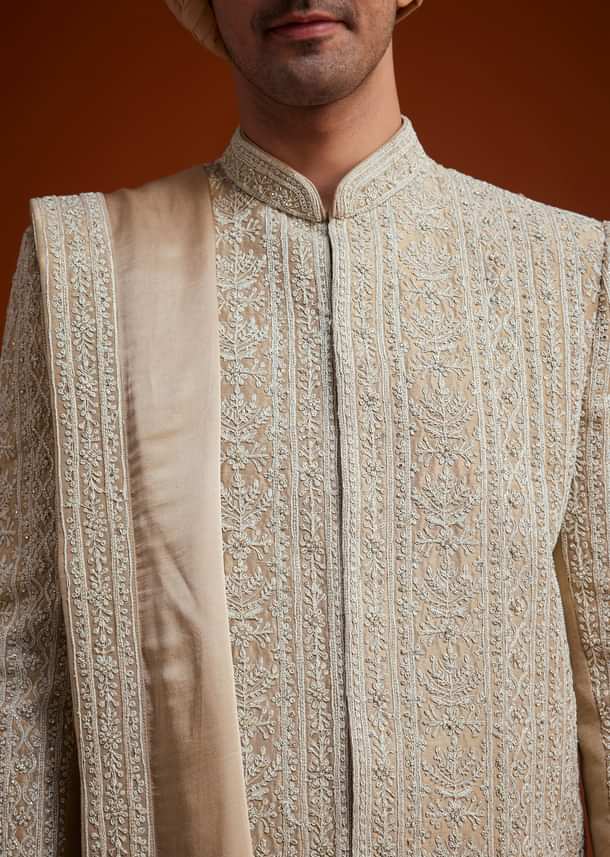 Faun Sherwani Set With Dori And Thread Embroidery