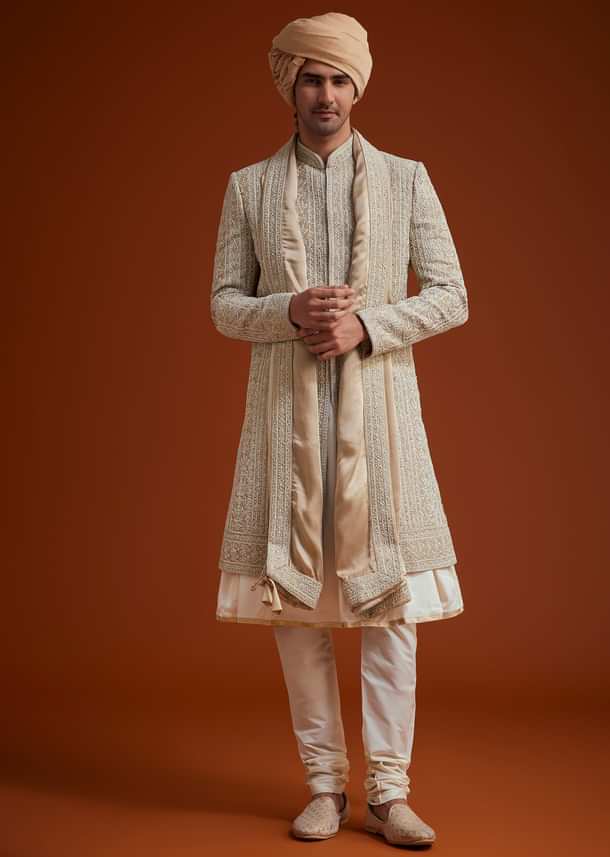 Faun Sherwani Set With Dori And Thread Embroidery