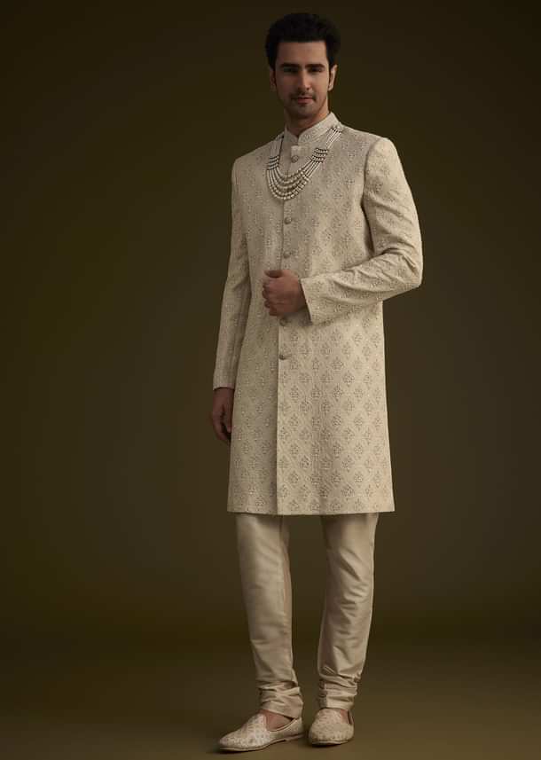 Fawn Silk Sherwani Set With Zardosi Embroidery Fawn Silk Sherwani Set With Zardosi Embroidery