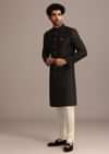 Black Textured Sherwani Set With Mandarin Collar