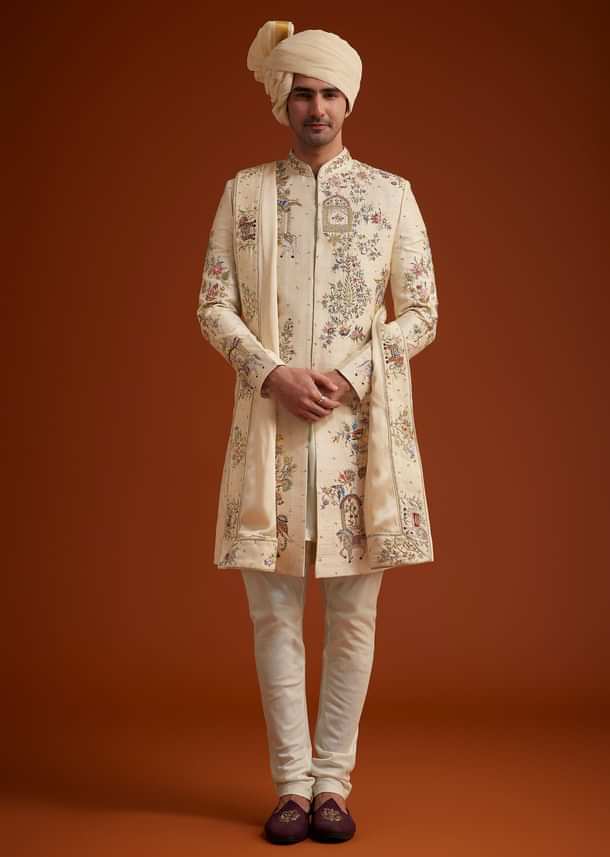 Ivory Sherwani With Multicolored Floral Embroidery