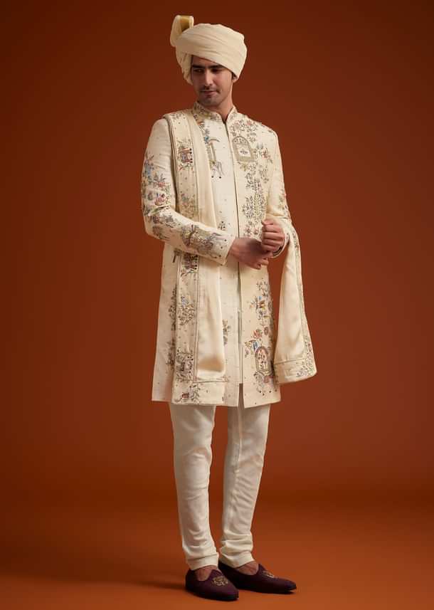 Ivory Sherwani With Multicolored Floral Embroidery
