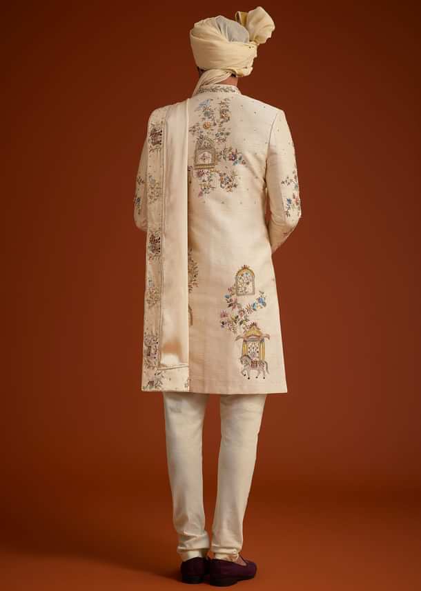 Ivory Sherwani With Multicolored Floral Embroidery
