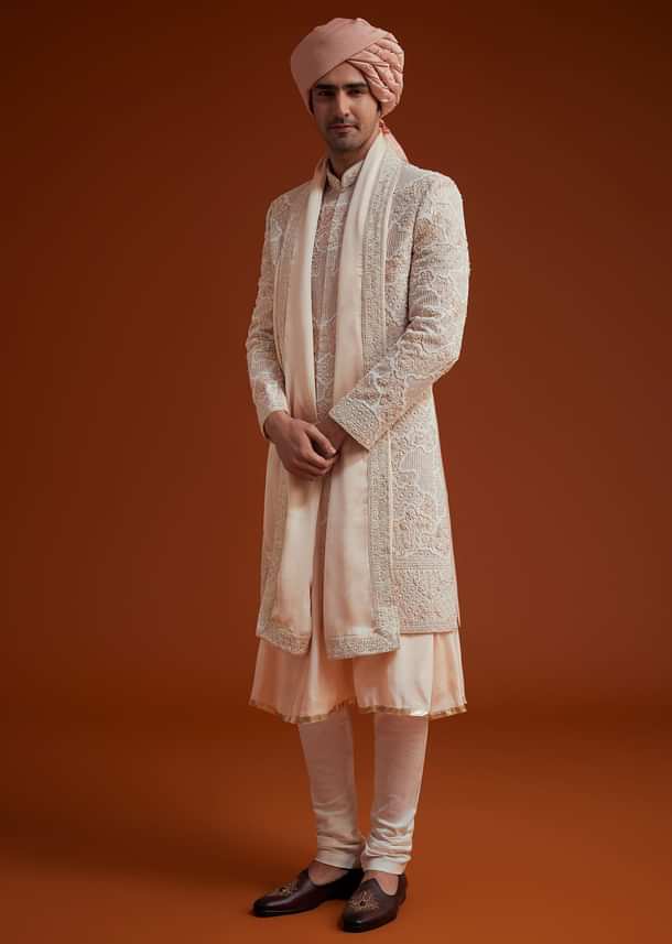Peach Sherwani With Bead And Thread Embroidery