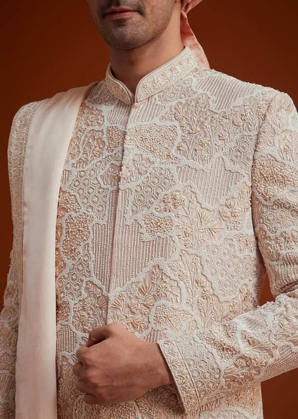 Peach Sherwani With Bead And Thread Embroidery