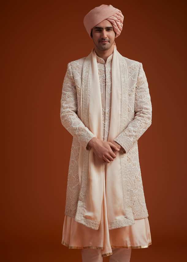 Peach Sherwani With Bead And Thread Embroidery