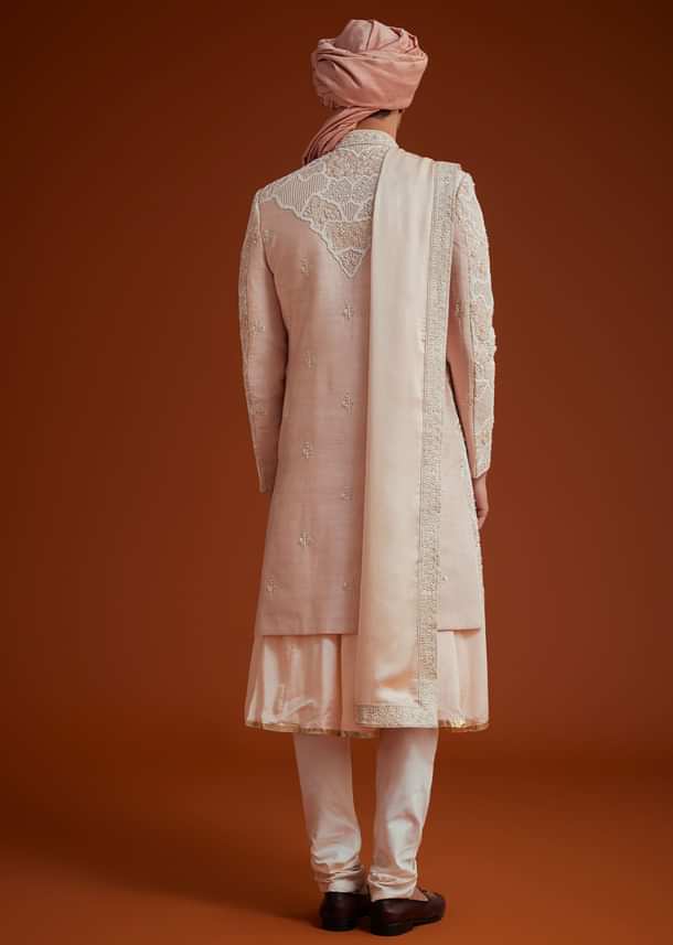 Peach Sherwani With Bead And Thread Embroidery